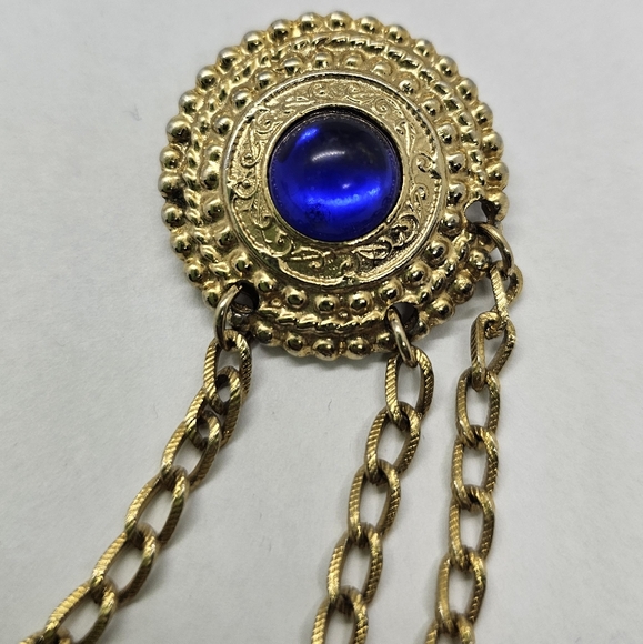 Cobalt Blue Double Cabochon Goldtone collar Brooch - Picture 3 of 7
